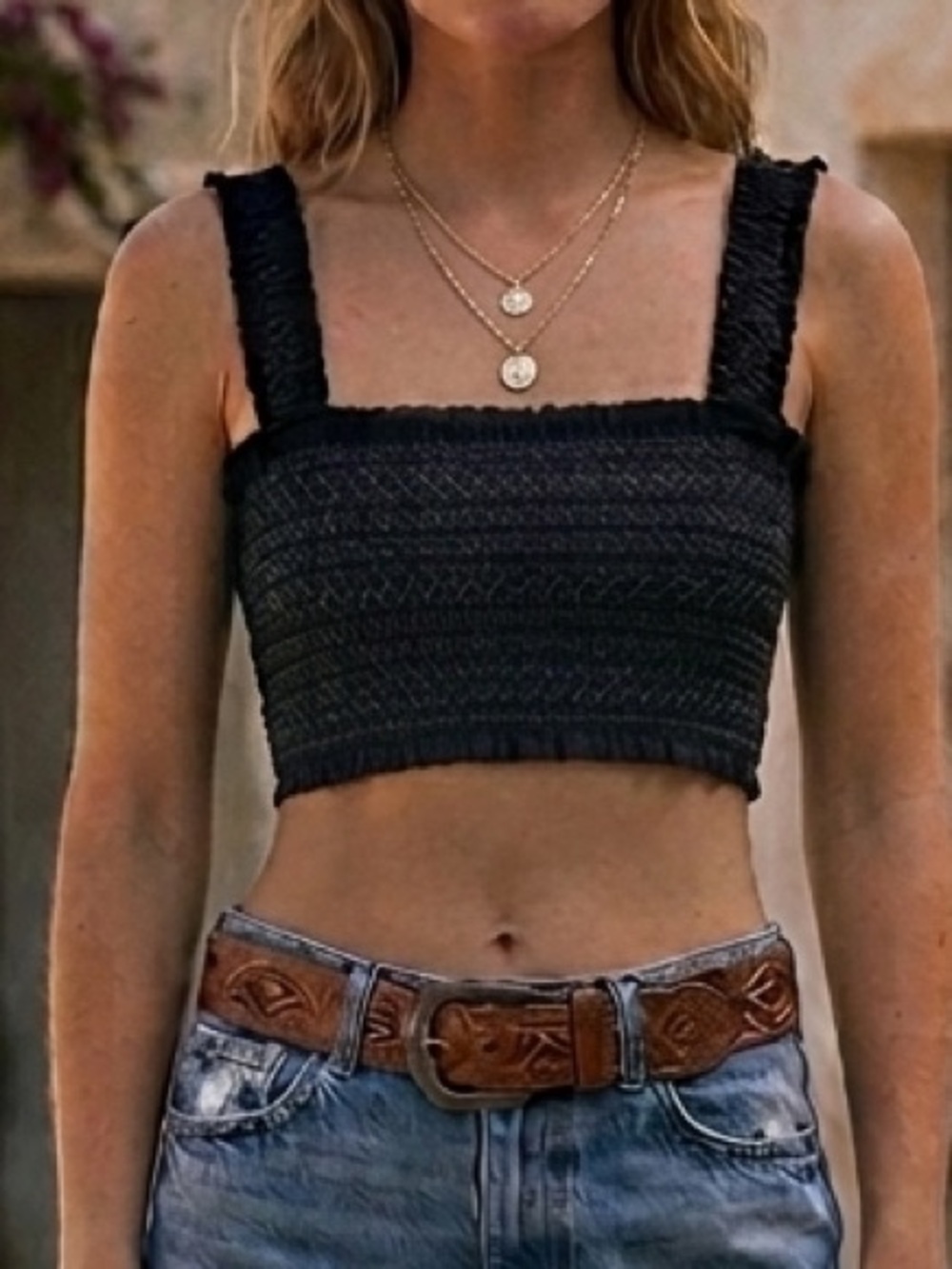 Free People Black Smocked Ruffle Crop Top Tank Size XS NEW